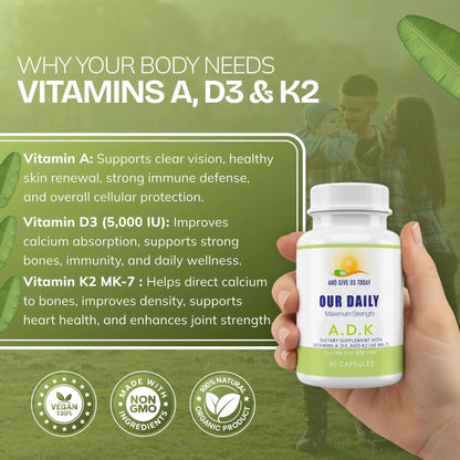 Daily Vites, ADK Vitamin Supplement 5000 IU, 90 Capsules - 3 Months Supply - High Potency Vitamin A, D3 & K2 (MK-7) - Physician Formulated ADK for Bone, Heart AND GIVE US TODAY OUR DAILYBuy Supplements Australia