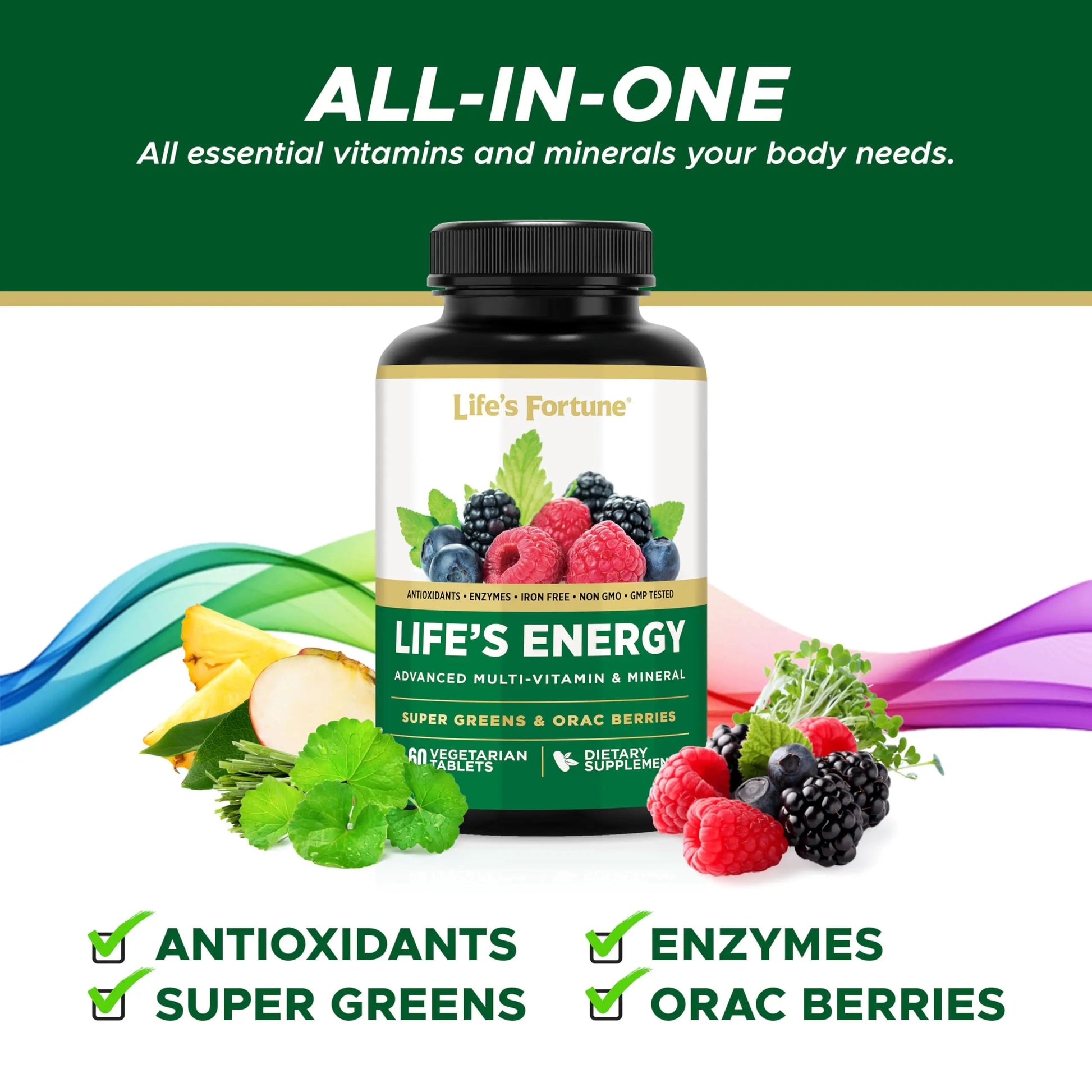 Life's Energy Advanced Daily Multivitamin for Men & Women, Energy and Immune Support Supplement with Super Greens, Antioxidants, Enzymes Life's Fortune