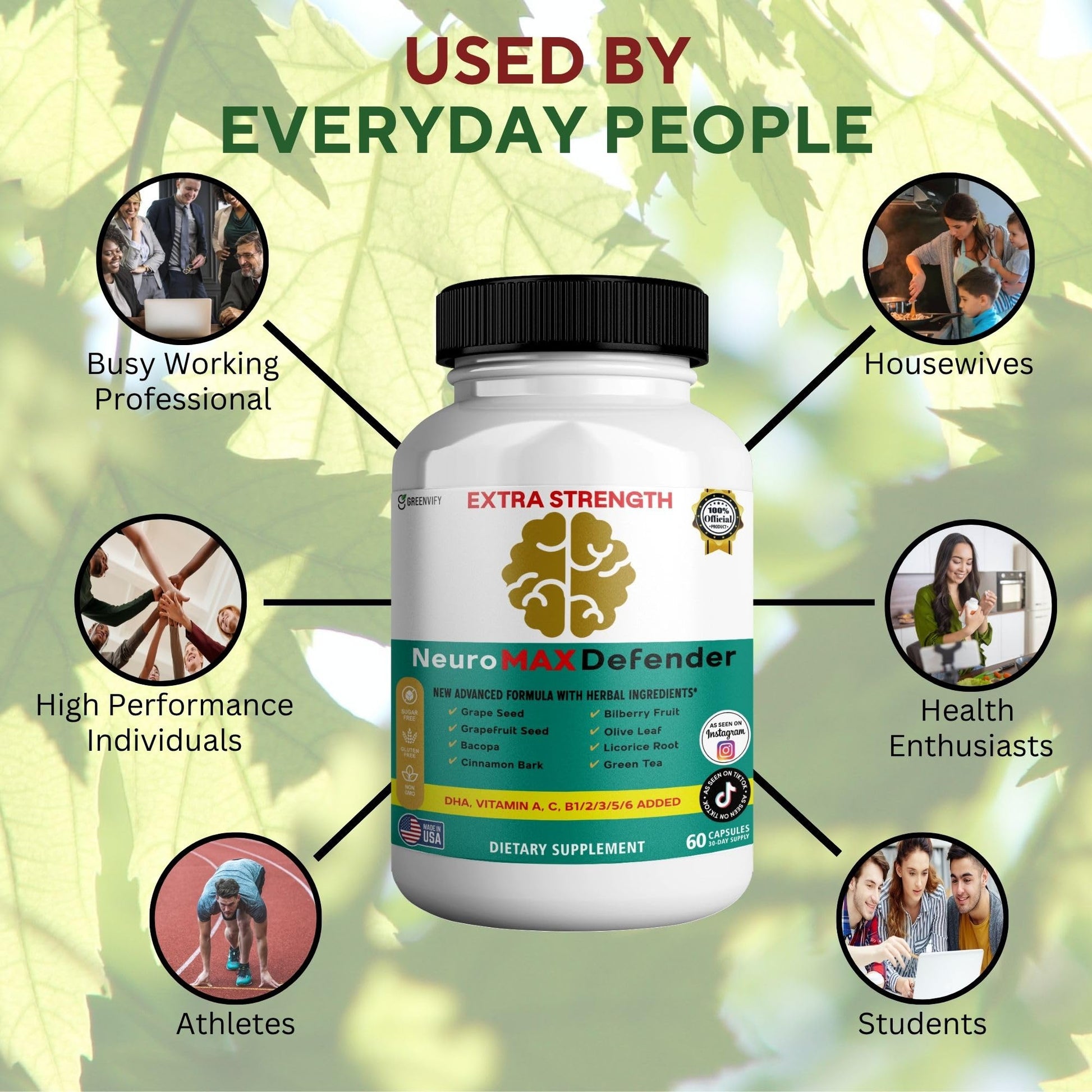 GREENVIFY NeuroMAX Defender Extra Strength Brain Support Supplement with Herbal Blend, 60 Capsules, DHA, B12, Vitamins A C D E, Selenium, 30-Day Supply (1) GREENVIFYBuy Supplements Australia