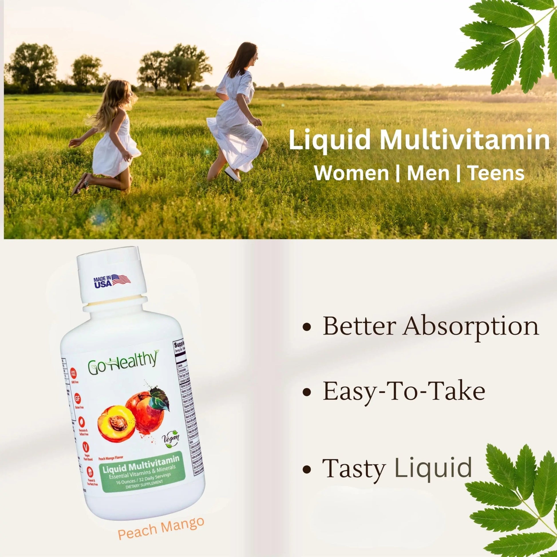 Go Healthy Liquid Vitamins for Women, Men, Teens | Vegan Vitamin & Mineral | High Absorption | Premium Liquid Multivitamin | Go Healthy Natural
