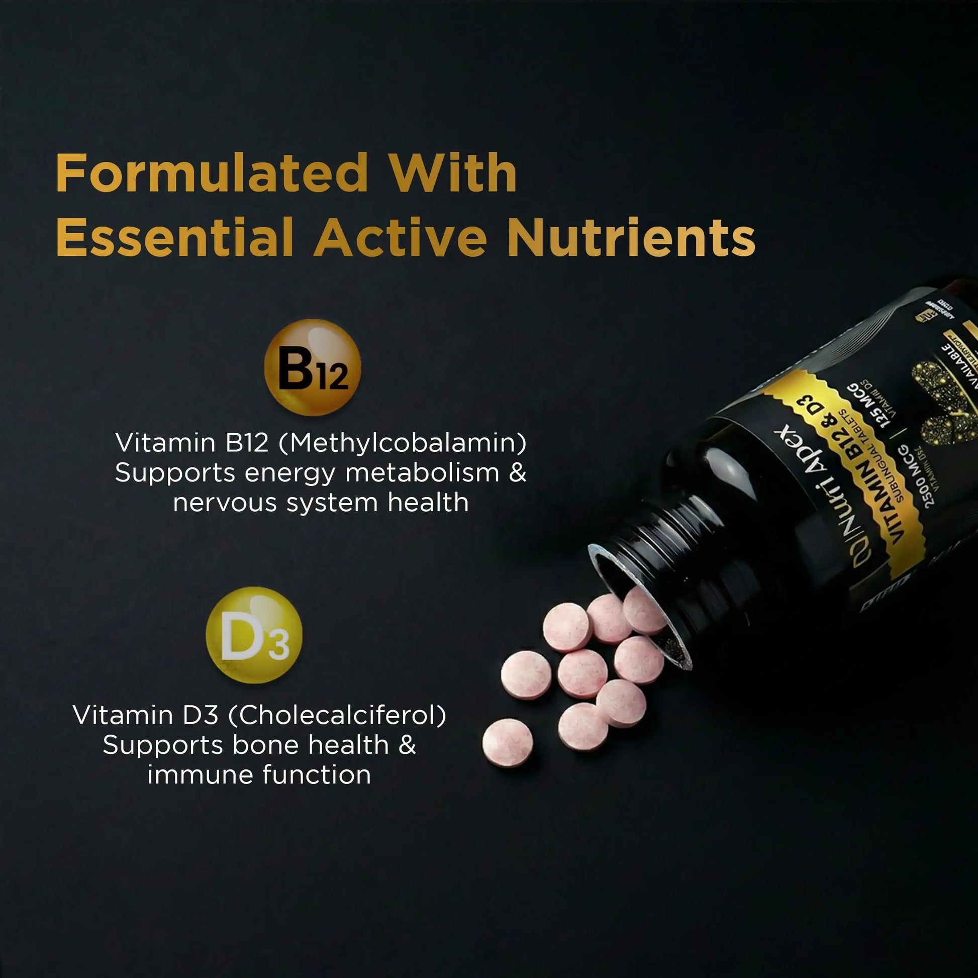 Nutri Apex Vitamin B12 & D3 Sublingual Tablets - 2500 mcg B12 & 125 mcg (5000 IU) D3 - Highly Bioavailable for Energy, Mood & Bone Health - Lab-Tested Nutri ApexBuy Supplements Australia