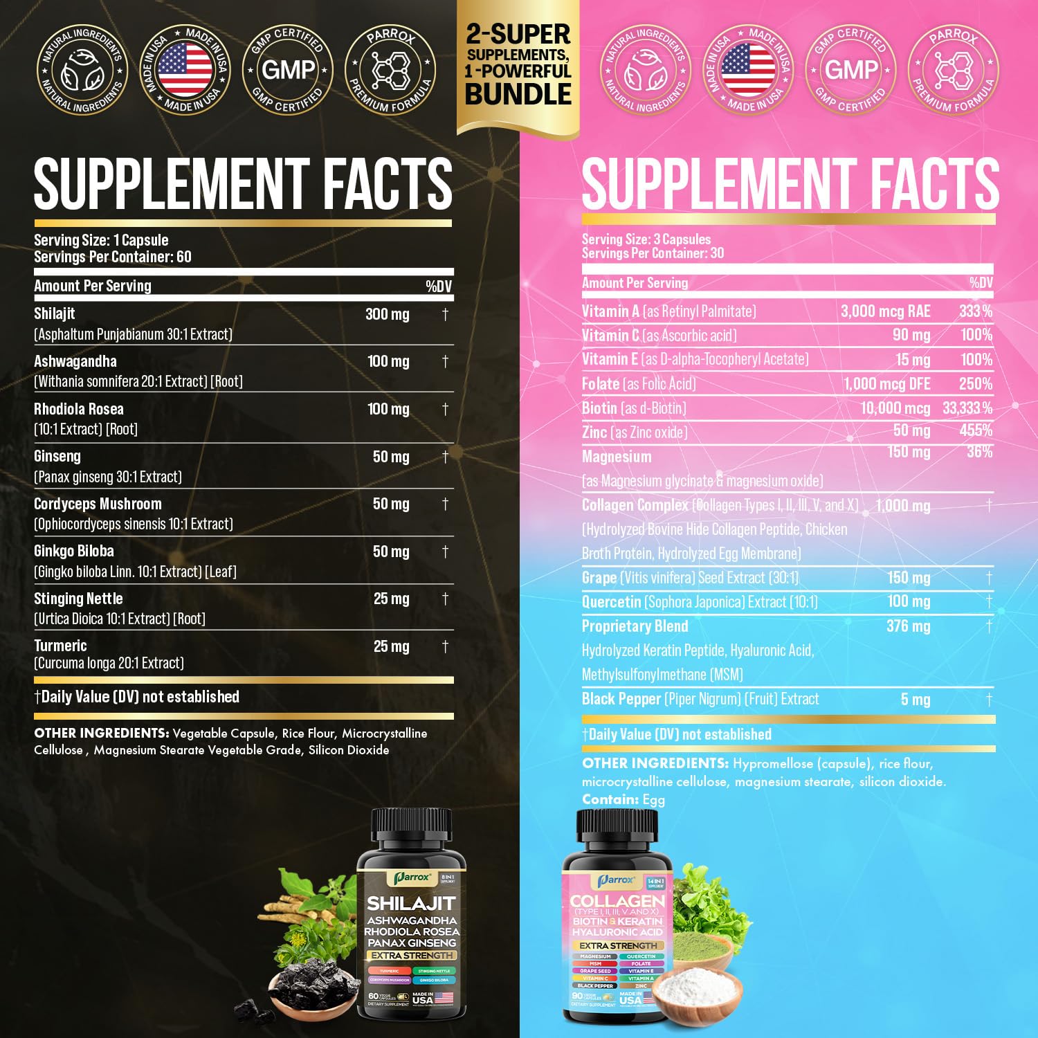 Parrox Adaptogen & Beauty Bundle – Rhodiola, Panax Ginseng, Ashwagandha, Cordyceps, Turmeric, Collagen, Biotin, Keratin, MSM, Hyaluronic Acid, Zinc, Quercetin, Vitamin C, A & E, Folate, Magnesium ParroxBuy Supplements Australia