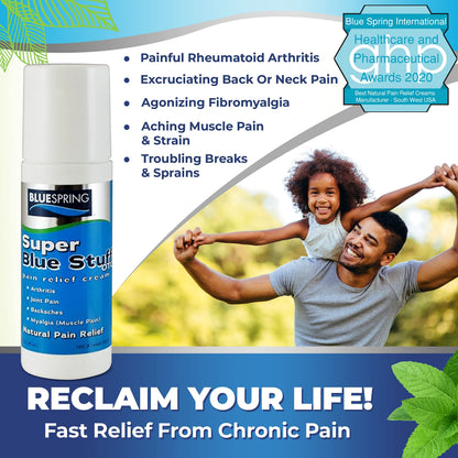 Super Blue Stuff Natural Pain Relief roll on with Emu Oil by BlueSpring- Pain relief rub Anti Inflammatory Analgesic Cream for Back, Knee, Joint, Muscle, Arthritis, and neck Pain Relief- 3 Oz roll-on. Emu TherapyBuy Supplements Australia