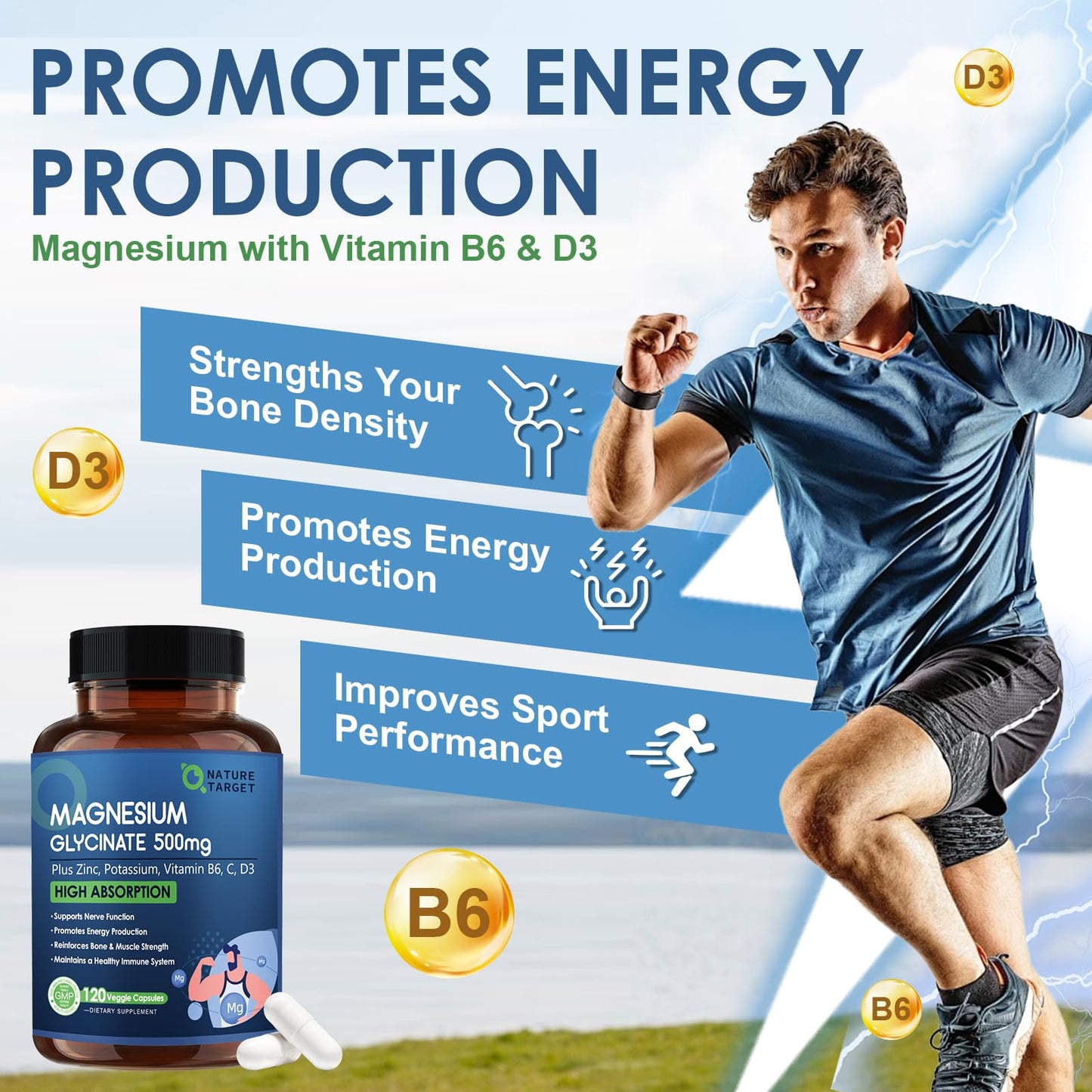 NATURE TARGET Magnesium Glycinate 500mg, Chelated Magnesium with Zinc & Vitamin D3 for Muscle, Nerve & Bone, Support Heart Health & Leg Cramp, Strength Immune System - 120 Capsules NATURE TARGETBuy Supplements Australia