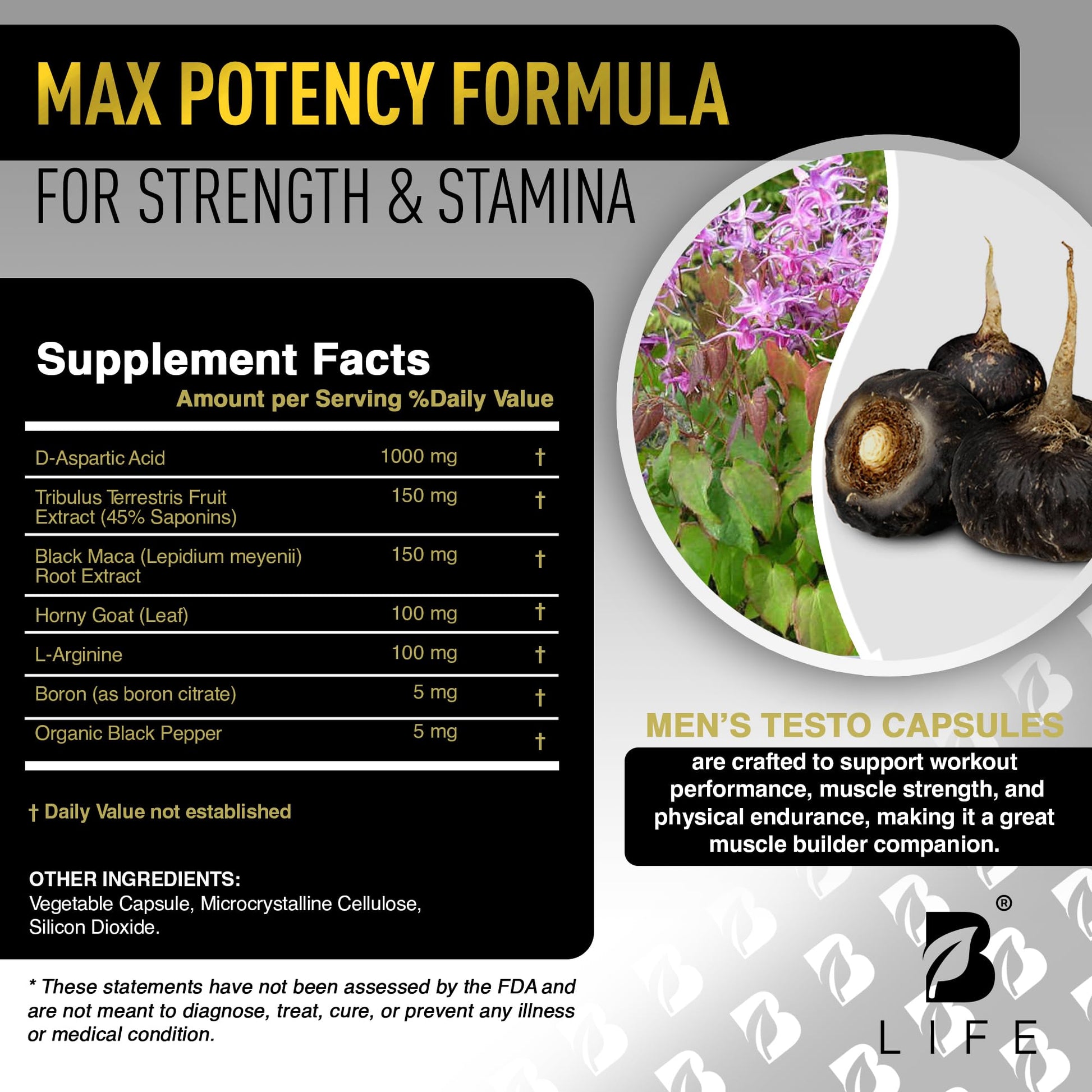 Testosterone Booster Supplement for Men | Boron supplement for men with Tribulus Terrestris, Black Maca, Horny Goat Weed, L-Arginine | Stamina, Endurance, Muscle growth & strength | 80 Servings B Life CompanyBuy Supplements Australia