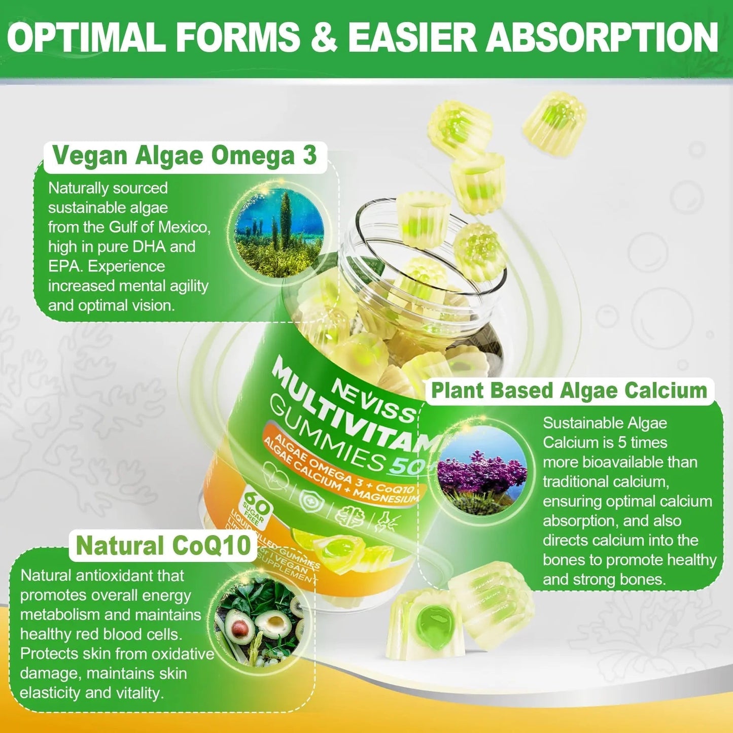 NEVISS 50+ Daily Gummy Multivitamin Algae Omega 3 & Calcium, CoQ10, Magnesium + Vitamin D3 5000IU Gummies 125mcg with Calcium 600mg, K2(MK7) 200mcg NEVISSBuy Supplements Australia