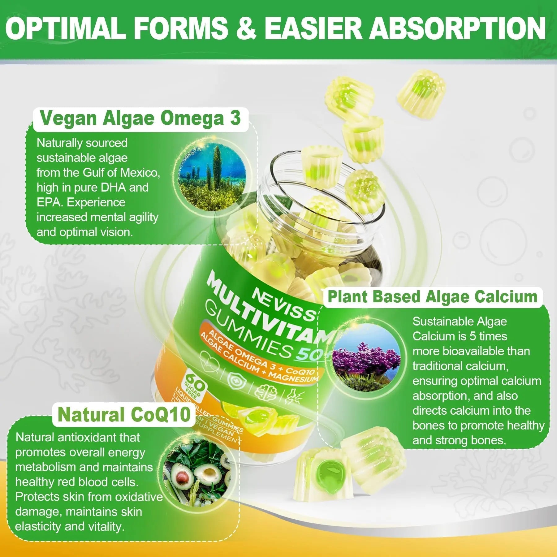 NEVISS 50+ Daily Gummy Multivitamin Algae Omega 3 & Calcium, CoQ10, Magnesium + Vitamin D3 5000IU Gummies 125mcg with Calcium 600mg, K2(MK7) 200mcg NEVISSBuy Supplements Australia
