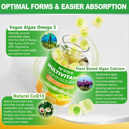 NEVISS 50+ Daily Gummy Multivitamin Algae Omega 3 & Calcium, CoQ10, Magnesium + Vitamin D3 5000IU Gummies 125mcg with Calcium 600mg, K2(MK7) 200mcg NEVISSBuy Supplements Australia