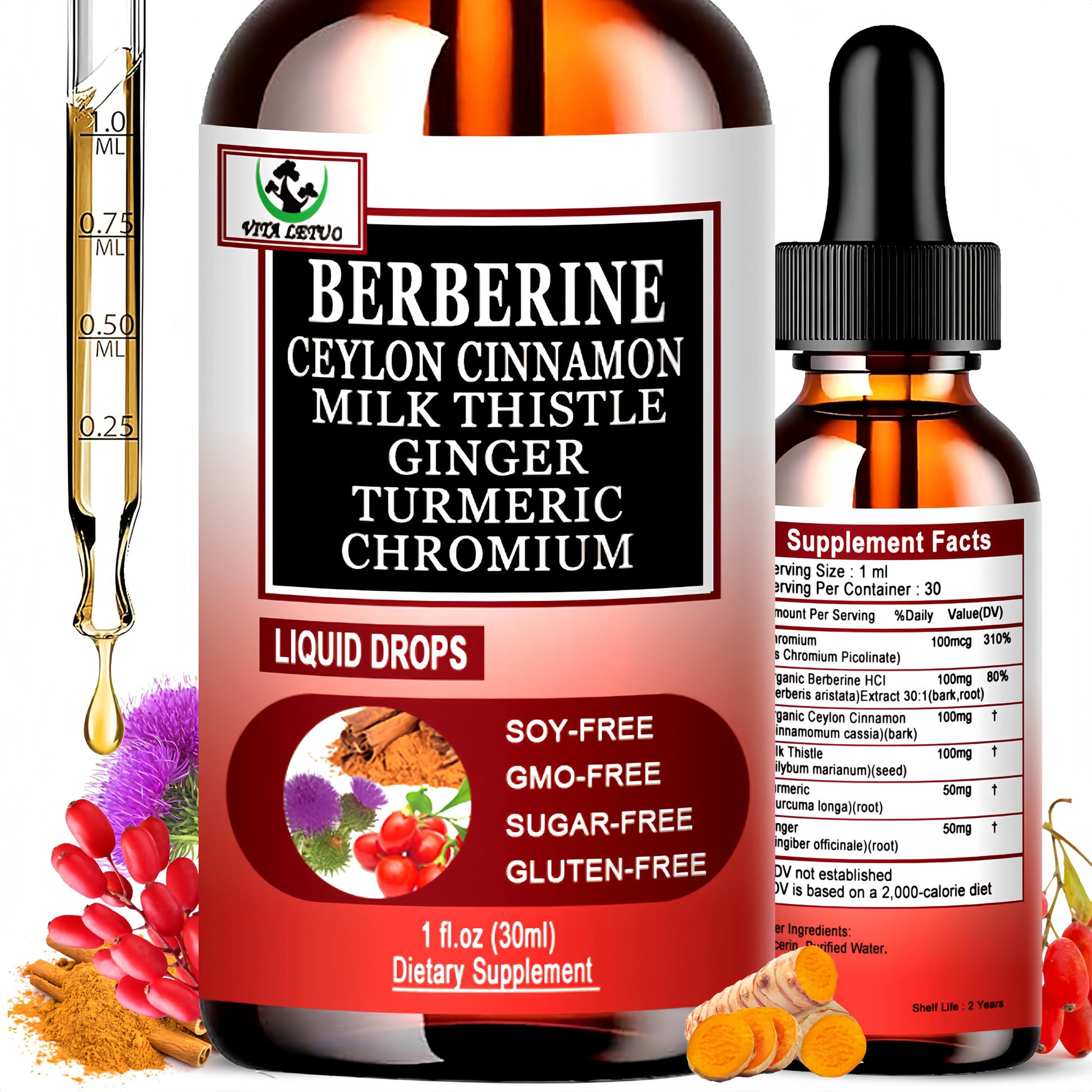 Berberine Drops, High Absorption 6-in-1 Liquid Berberine Supplement with Ceylon Cinnamon Milk Thistle Turmeric, Premium Berberine HCl for Immune Function Metabolic & Digestive Support, 30 Servings Vita letuoBuy Supplements Australia