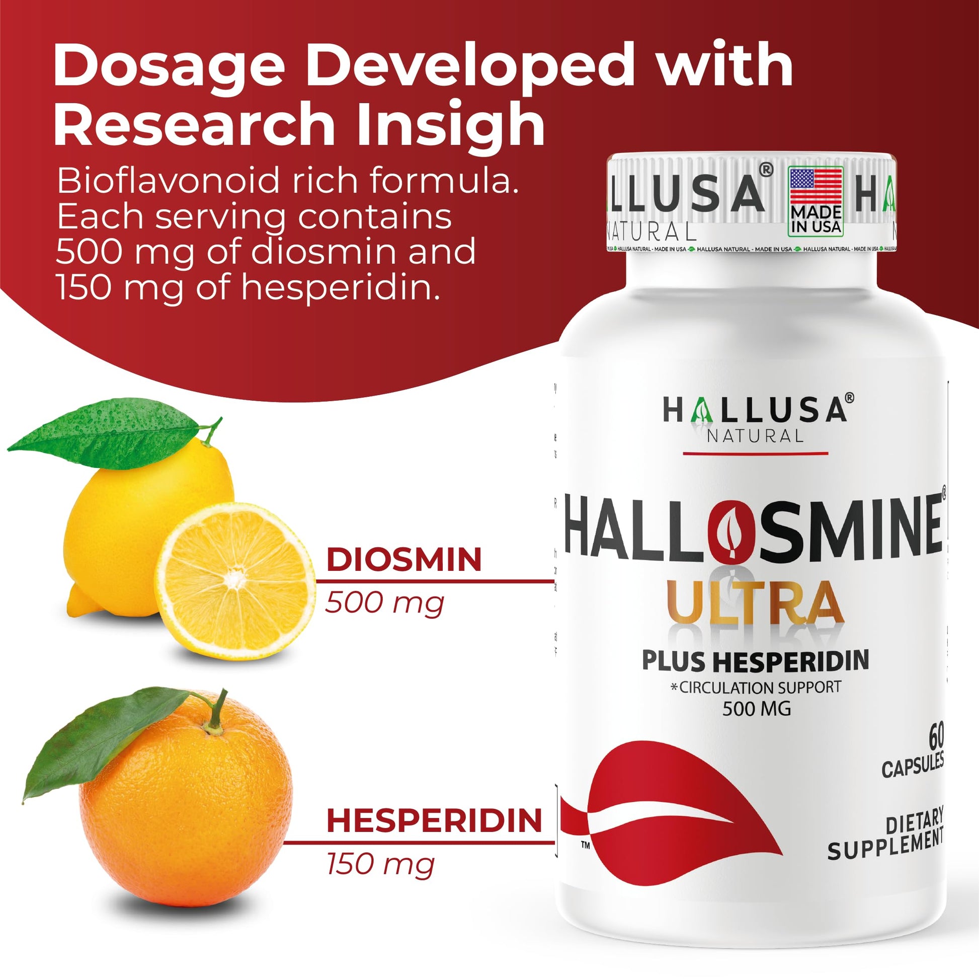 Hallusa Natural Hallosmine Ultra Diosmin 500mg & Hesperidin 150mg – Heavy Legs, Swelling & Vein - Blood Circulation Supplements, 60 Caps Hallusa NaturalBuy Supplements Australia