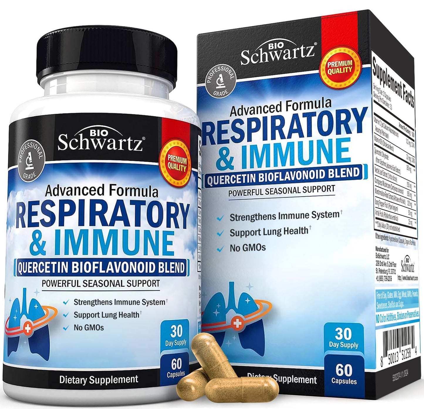 Respiratory & Immune Lung Support Supplement with Quercetin, Vitamin D & Cordyceps, Helps Soothe Respiratory Tissues While Loosening Mucus, Lung Health Vitamins for Women & Men, 60 Capsules BioSchwartzBuy Supplements Australia