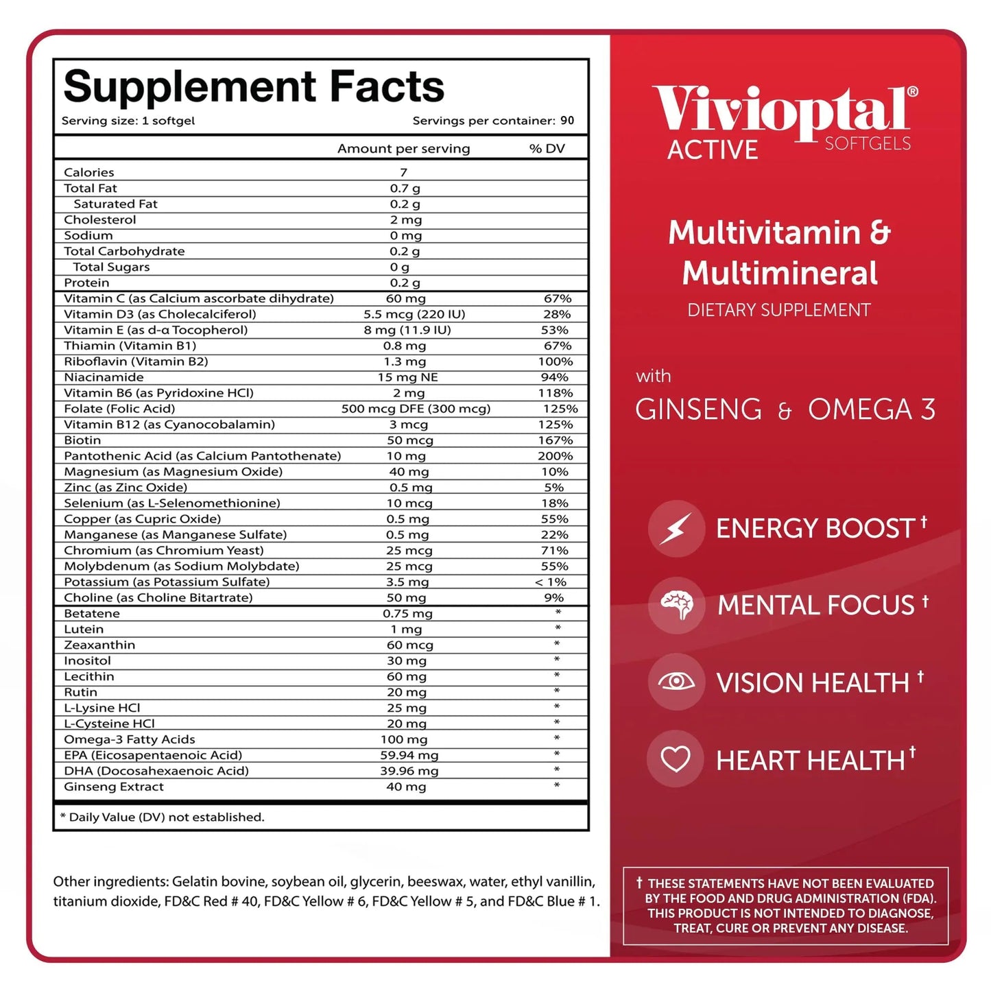Vivioptal Active, 90 Softgels, Ginseng & Omega 3, Multivitamin & Multimineral, Gluten Free, German Formula Vivioptal Vitamins