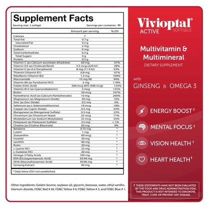 Vivioptal Active, 90 Softgels, Ginseng & Omega 3, Multivitamin & Multimineral, Gluten Free, German Formula Vivioptal Vitamins