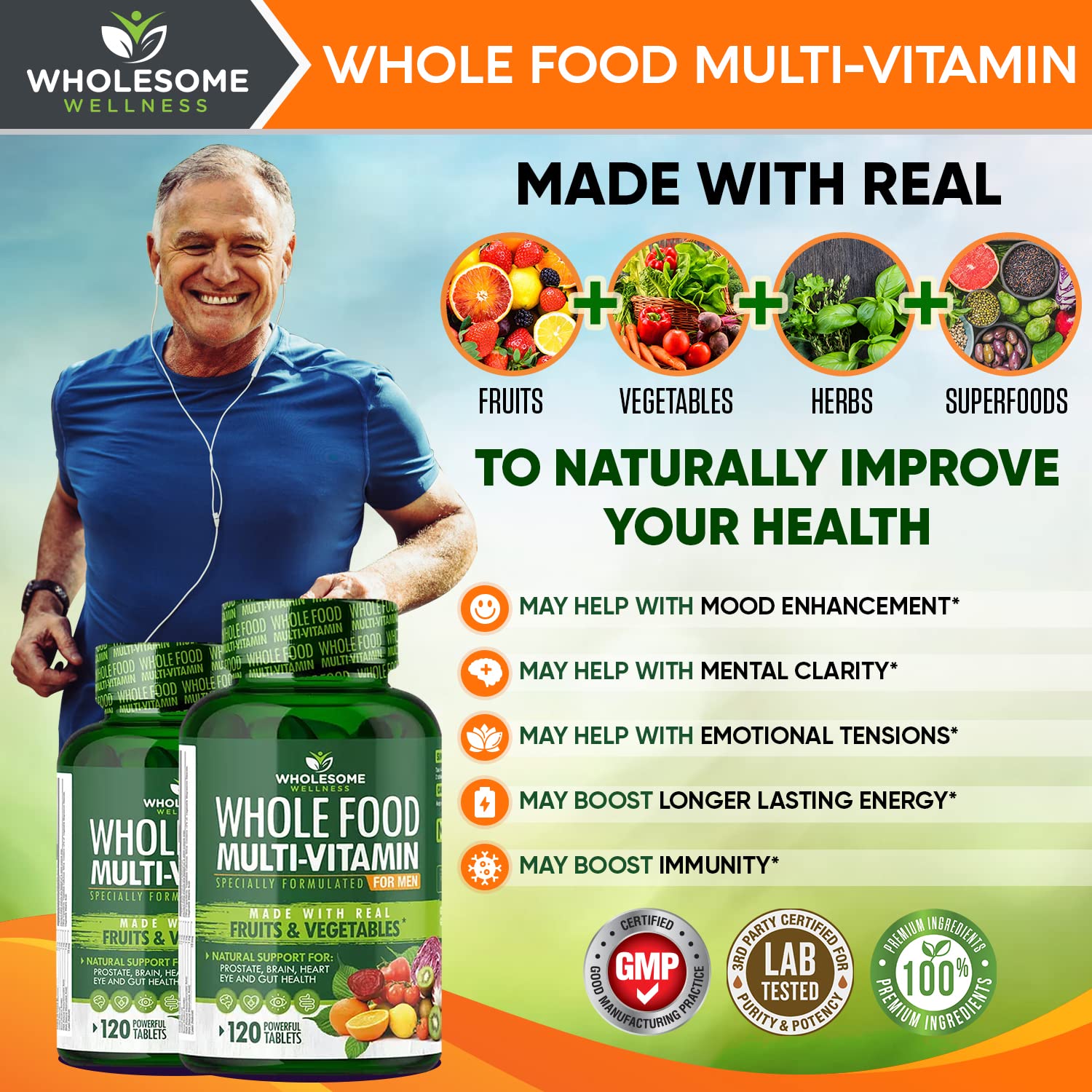 Whole Food Multivitamin for Men - Natural Multi Vitamins, Minerals, Organic Extracts Wholesome WellnessBuy Supplements Australia