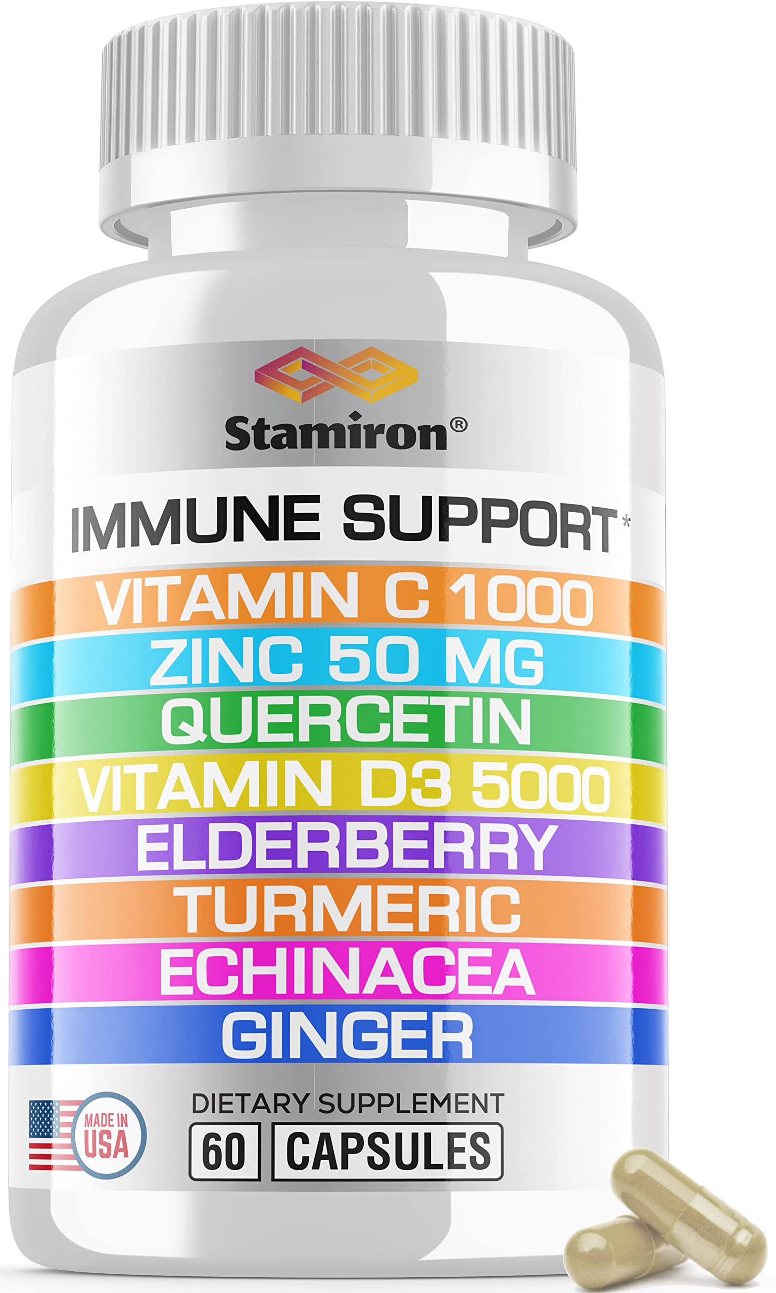 8 in 1 Immune Support with Quercetin Zinc 50mg Vitamin C 1000mg Vitamin D3 5000 IU and Elderberry Echinacea Ginger for Adults Kids - VIT D Supplement Veg Capsules StamironBuy Supplements Australia