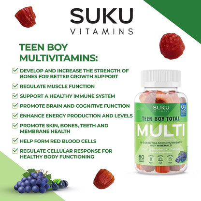 SUKU Teen Boy Multivitamin Gummies – Vitamins A, B12, C, D3, E, Zinc & Biotin – Sugar-Free Vegetarian Supplement SUKU