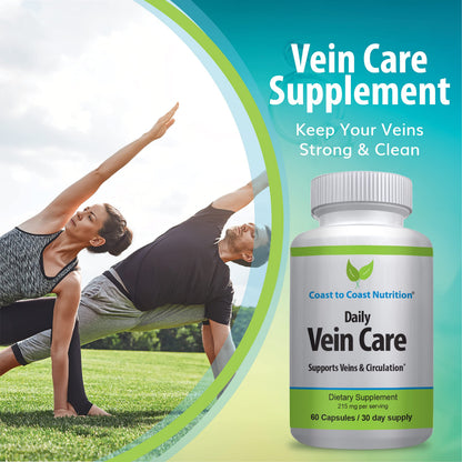 Coast to Coast Nutrition Daily Vein Care Supplement Capsules — Circulation Formula with a Natural Blend of Calcium, Vitamin D3, Vitamin K2 Plus BioPerine for Max Absorption Vein Formula — 60 Capsules Coast to Coast NutritionBuy Supplements Australia