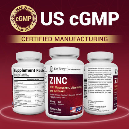 Dr. Berg Zinc 30mg Enhanced with Magnesium, Vitamin D3, Selenium, & Copper - Zinc Supplements for Men & Women - Chelated Zinc for Immune, Skin