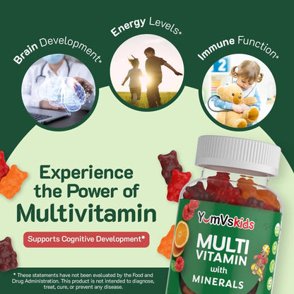 YumVs Kids Multivitamin Gummies - Fruit Flavored Chewable Children's Multivitamin - Kids Vitamins Multivitamin Gummy with 12 Minerals & Vitamins A C D3 E B6 B12 YUM-V'S