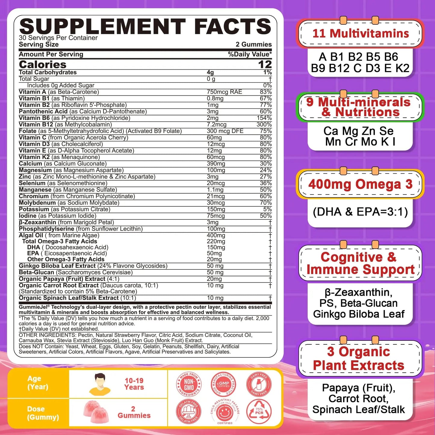 Nextdia Multivitamin Filled Gummies for Teen Boys Girls 12-17, 18, 19, Kids 10+ Multivitamin with Omega 3, Calcium + Magnesium + Zinc, Multi-Minerals NextdiaBuy Supplements Australia