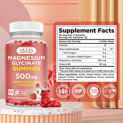 Magnesium Glycinate Gummies 500mg - Magnesium Supplement with Vitamin B6 for Adults & Magnesium for Kids - Calm Magnesium for Sleep, Mood, Muscle Support - Strawberry Flavor, 60 Gummies dilibBuy Supplements Australia