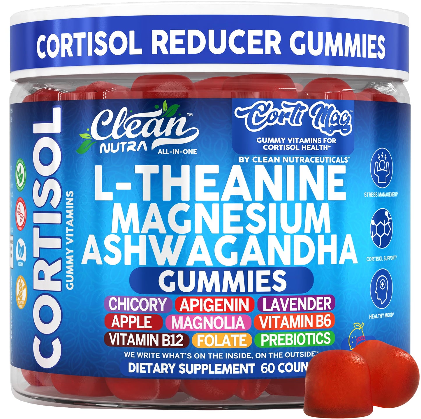 Clean Nutra Cortisol Supplement Gummies L-Theanine Magnesium Ashwagandha Apigenin Vitamin B6 Sleep and Calm Support Lavender Chicory Prebiotic Advanced Gummy Formula Clean NutraceuticalsBuy Supplements Australia