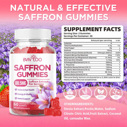 Saffron Gummies for Adult Kids, 10-IN-1 Formula with Saffron 88.5mg, Vitamins D3 & B6, Magnesium, Zinc, Ashwagandha, L-Theanine, St. John's Wort - Supports Mood & Focus, Strawberry Flavor, 60 Count BVIVLOOBuy Supplements Australia