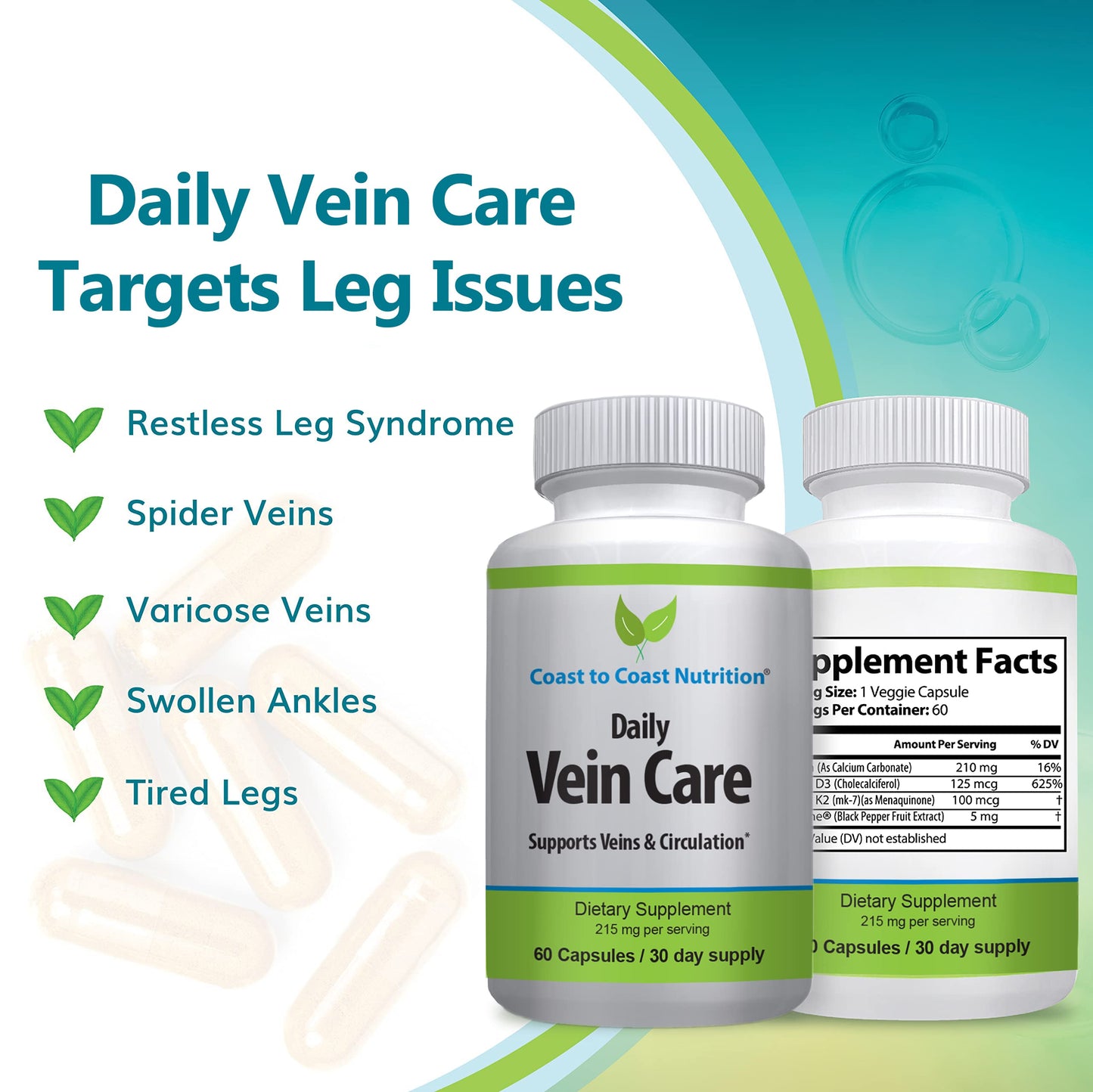 Coast to Coast Nutrition Daily Vein Care Supplement Capsules — Circulation Formula with a Natural Blend of Calcium, Vitamin D3, Vitamin K2 Plus BioPerine for Max Absorption Vein Formula — 60 Capsules Coast to Coast NutritionBuy Supplements Australia