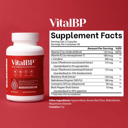 Vital BP - Support for Normal Blood Pressure - Supports Blood Flow & Arteries - with CoQ10, L-Citrulline, and K2 & D3-60 Capsules
