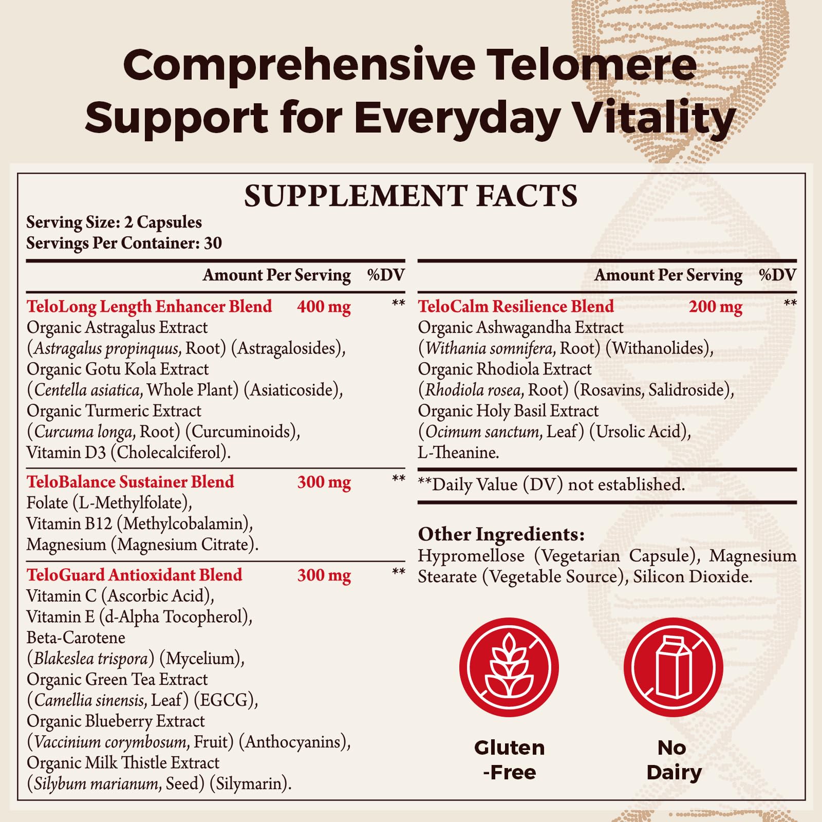 Telomere Lengthening Supplements – Organic Astragalus, Gotu Kola, Vitamin D3, Folate, L-Theanine – Anti-Aging, DNA Repair, Immune & Cellular – 60 Vegan Capsules, Made in Japan (1 Bottle) OrinthalixiumBuy Supplements Australia