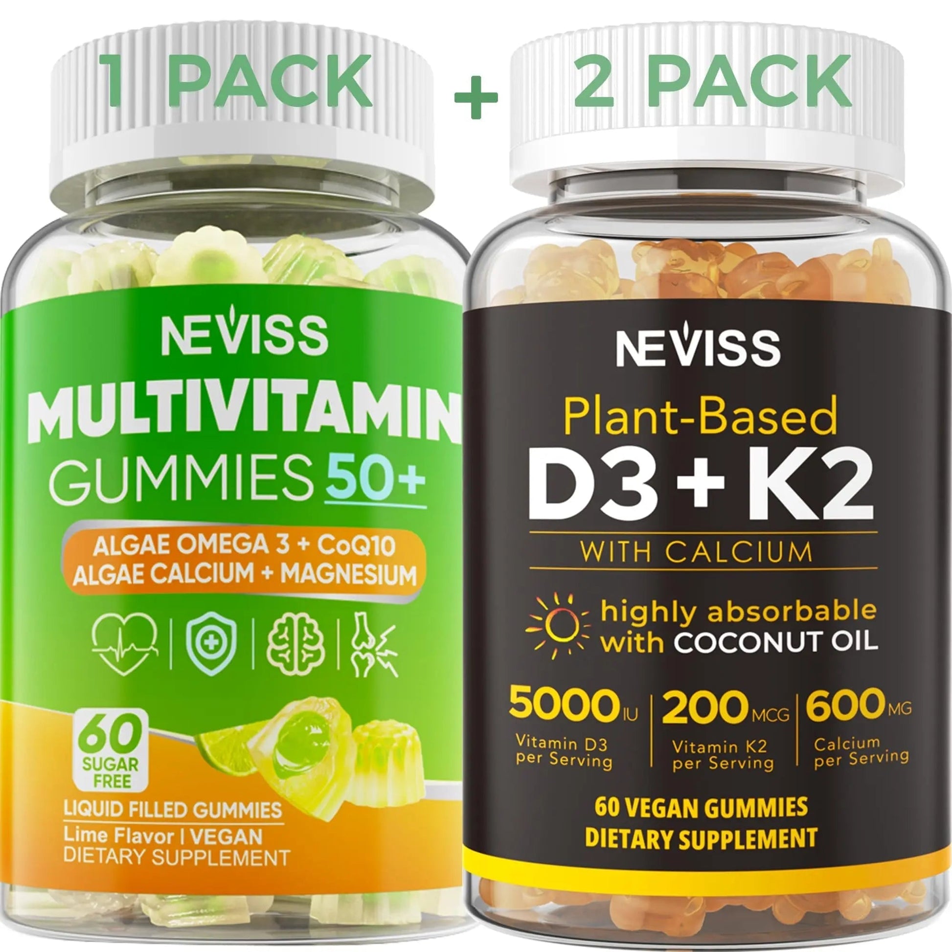 NEVISS 50+ Daily Gummy Multivitamin Algae Omega 3 & Calcium, CoQ10, Magnesium + Vitamin D3 5000IU Gummies 125mcg with Calcium 600mg, K2(MK7) 200mcg NEVISSBuy Supplements Australia
