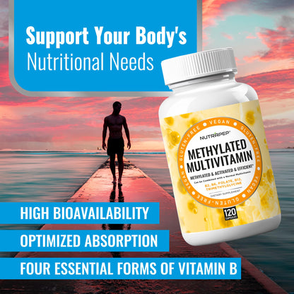 NutraPep Methylated Multivitamin for Men Women - 5-MTHF Riboflavin Vitamin B2 B6 B12 B Complex Trimethylglycine Methyl Folate L Methylfolate Capsules Supplement NutraPepBuy Supplements Australia