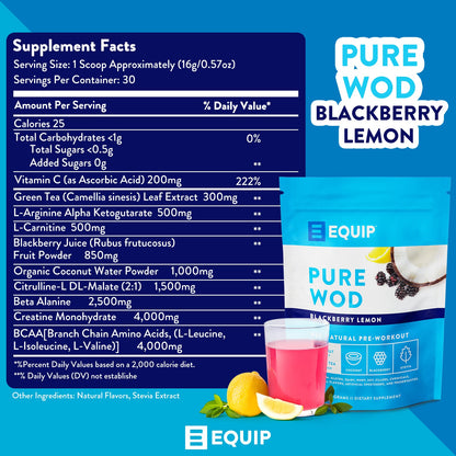 Equip Foods PureWOD All Natural Pre-Workout Powder - 200mg Green Tea Caffeine, BCAA EquipBuy Supplements Australia