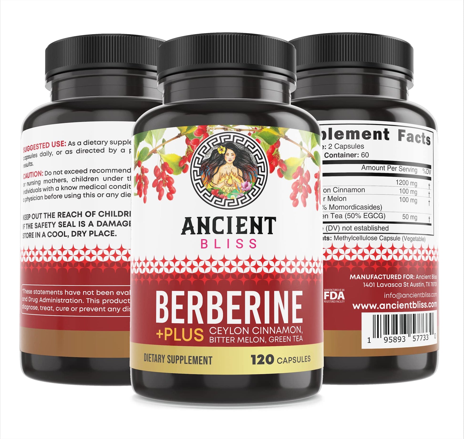 Ancient Bliss Berberine HCL 1200mg with Ceylon Cinnamon, Bitter Melon, and Green Tea Ancient BlissBuy Supplements Australia