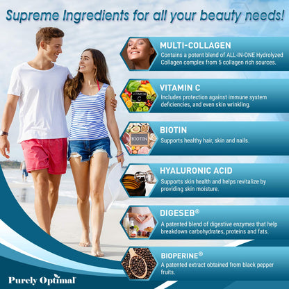 Premium Multi Collagen Peptides (Types I, II, II, V, X) - Collagen Pills for Skin Care, Hair Growth, Nails & Joints - Vitamin C, Hyaluronic Acid