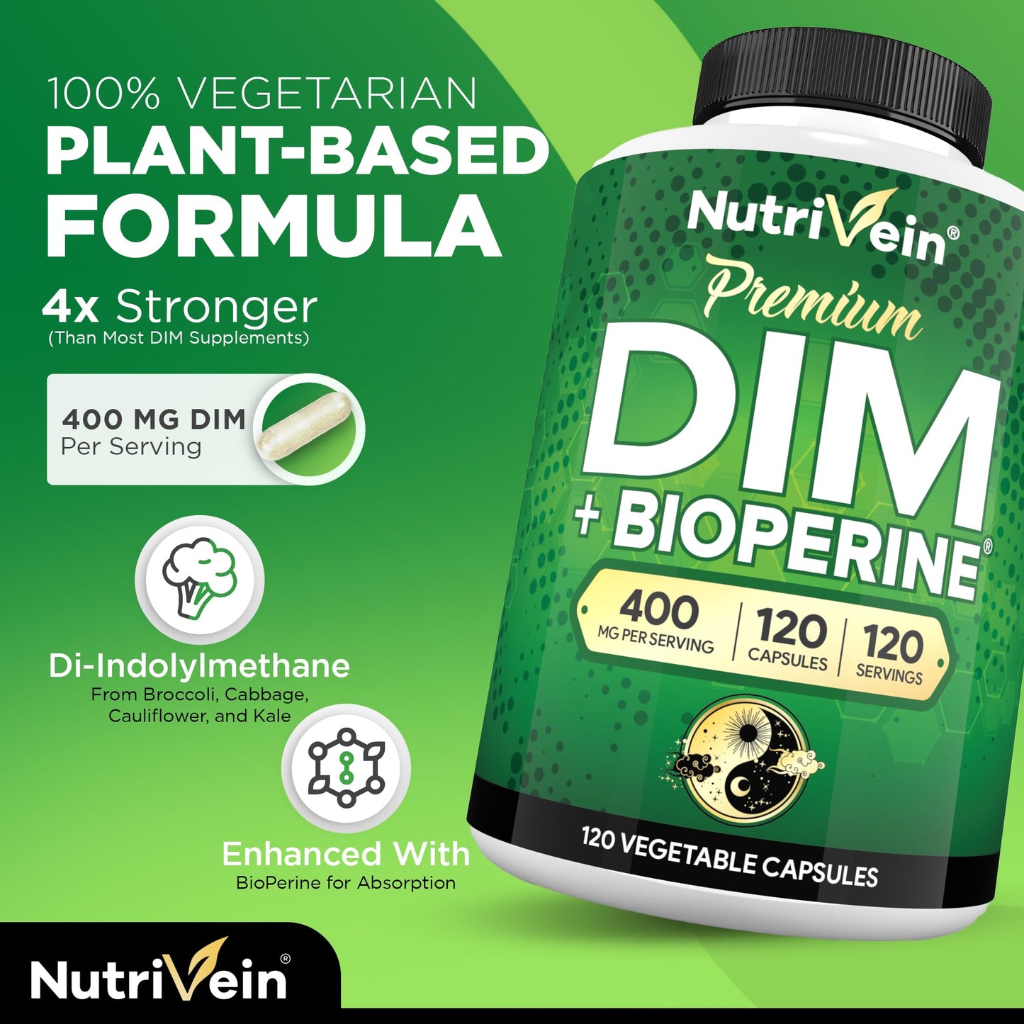 Nutrivein Premium DIM Supplement 400 mg Daily - 120 Servings (120 Capsules): Diindolylmethane for Women and Men - Plus Bioperine - Estrogen Supplement - Menopause and Middle Age Support NutriveinBuy Supplements Australia
