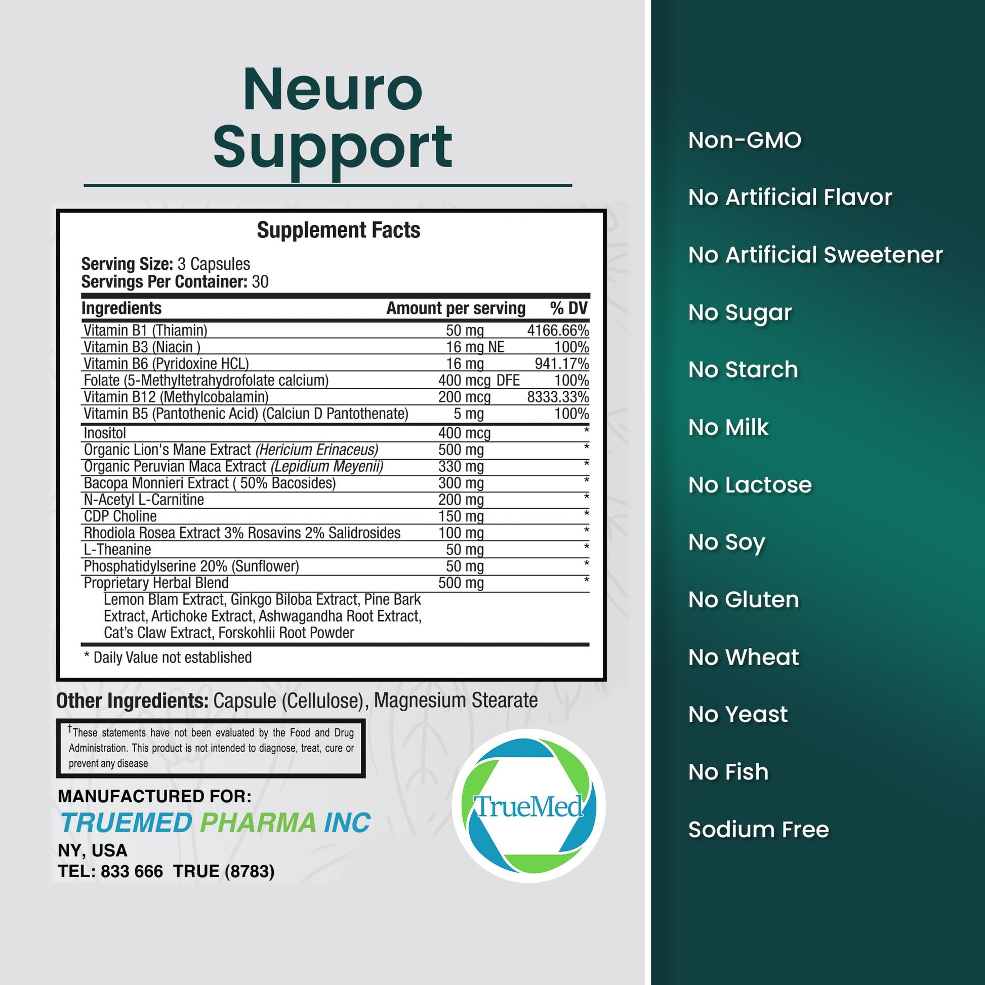 TrueMed Neuro Support - Premium Nootropic Supplement for Focus, Energy, Mental Clarity, and Performance Organic Lion’s Mane, Bacopa Monnieri, Rhodiola, Non-GMO Gluten-Free CDP Choline 90 Veg Capsules TRUEMEDBuy Supplements Australia