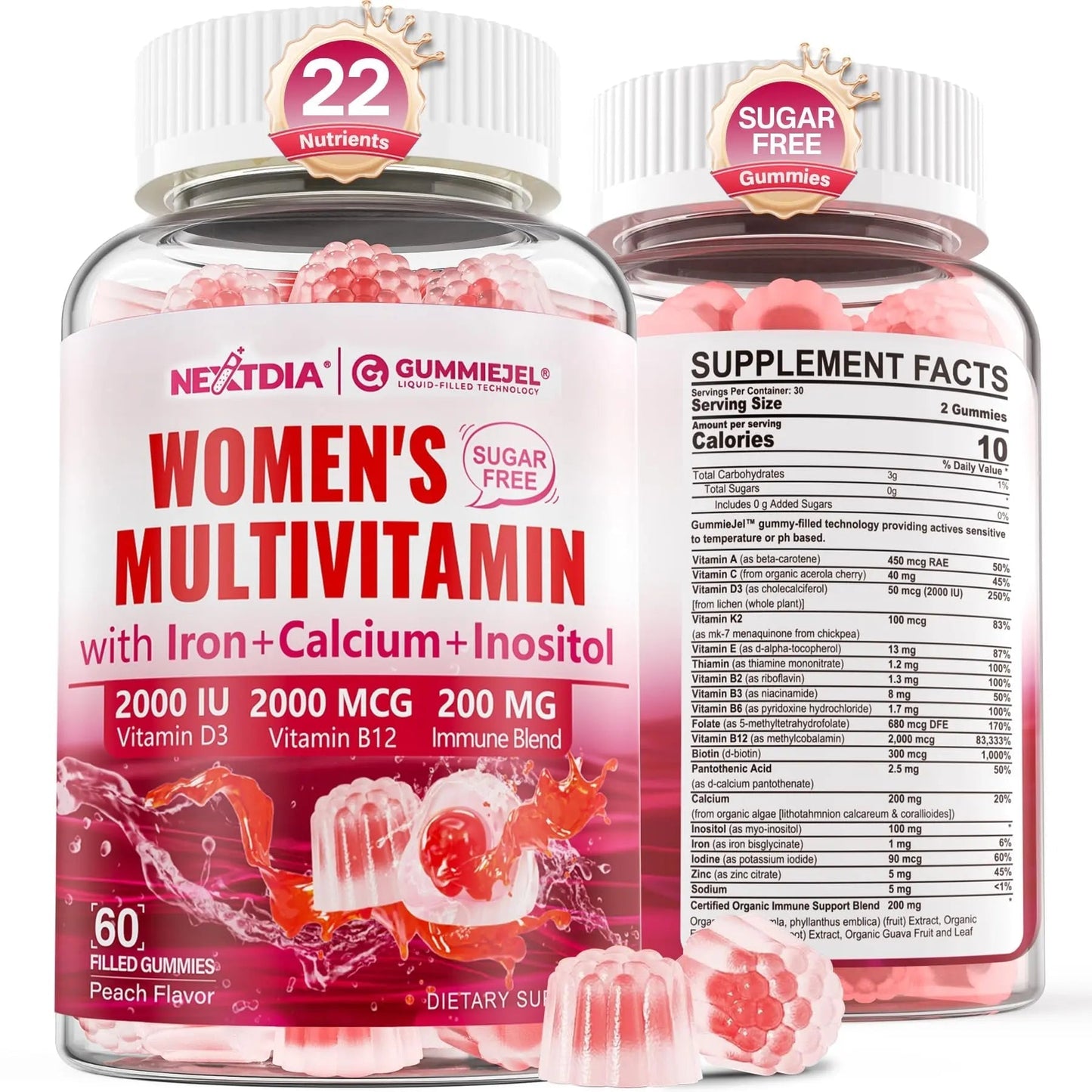 Methylated Multivitamin for Women Gummies, Calcium, D3 K2, Methylfolate & B12, Inositol, Daily Vitamin A, C, E, B Complex, Biotin, Iron NextdiaBuy Supplements Australia