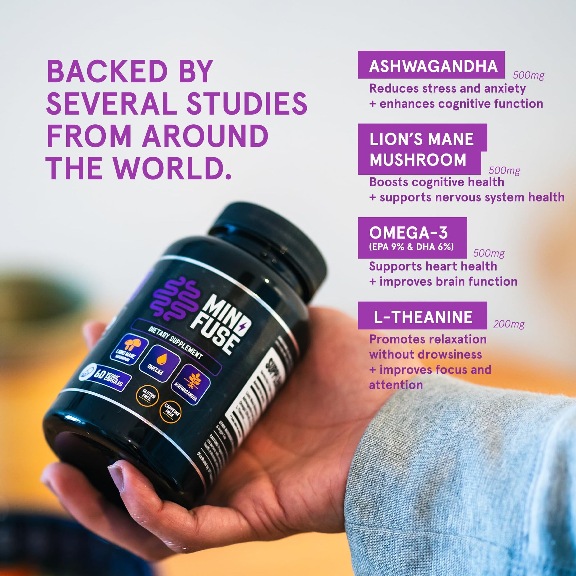 Nootropic Memory Booster Supplement for Adults - Lion’s Mane Capsules with Omega-3, Ashwagandha & L-Theanine for Focus & Memory - Gluten-Free 60 Capsules Mind FuseBuy Supplements Australia