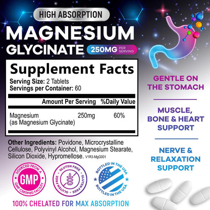 Magnesium Glycinate Supplement 250mg - 100% Chelated & Purified - to Support Sleep, Heart Health, Muscles, & Bone Strength - Best Absorption Magnesium Glycinate Capsules, Bottled in USA - 120 Tablets Nature's PeakBuy Supplements Australia