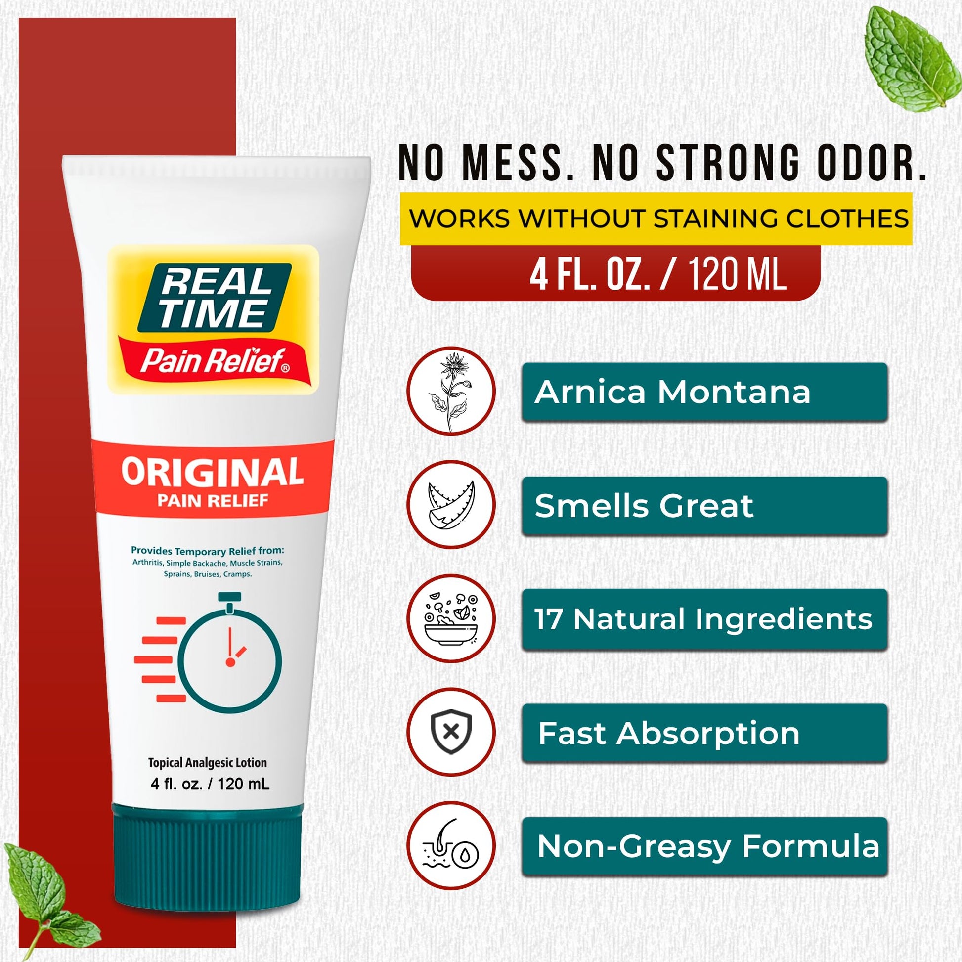Real Time Pain Relief Cream 4oz Tube | 17 Natural Ingredients: 1.25% Menthol, Arnica & MSM | Muscle Strain & Joint Discomfort Relief for Arthritis, Cramps, Sprains, Bruises, Hands, Back & Knee Pain Real Time Pain ReliefBuy Supplements Australia