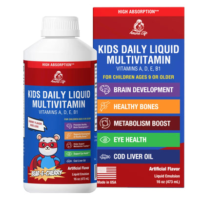 Amore Life Daily Liquid Multivitamin for Kids, High Absorption with Liquid Vitamin A, D, E, B1 and Cod Liver Oil for Kids Amore Life
