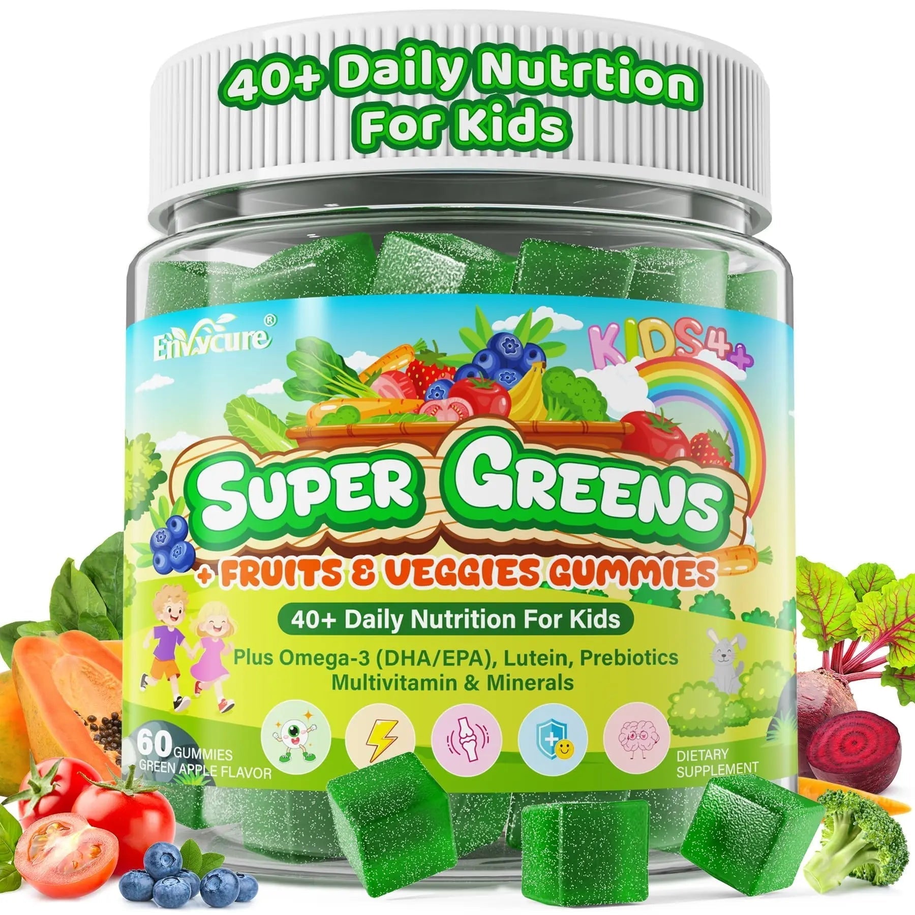 Kids Super Greens Gummies, w/Multivitamins, Spirulina, Chlorella, Spinach, Broccoli, Calcium, Omega-3 (DHA/EPA) EnvyCure