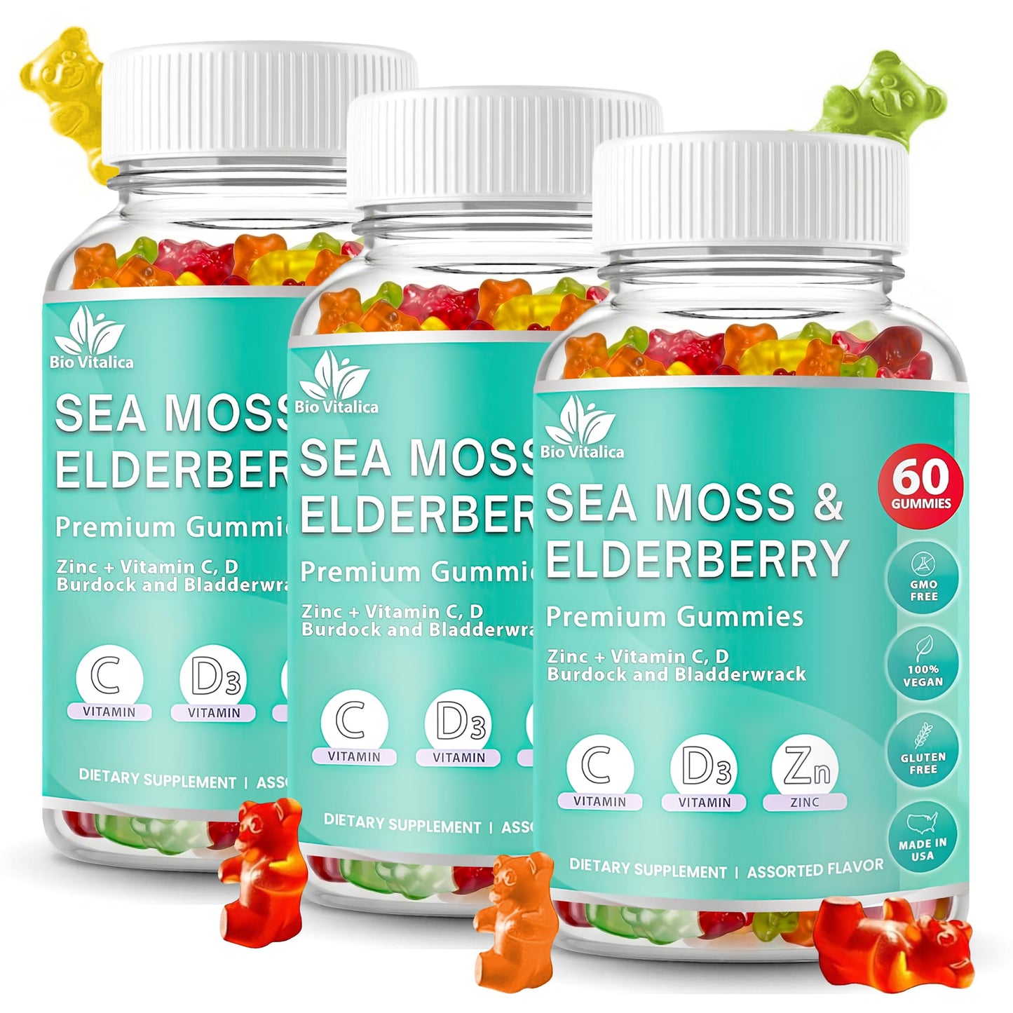 BIO VITALICA Irish Sea Moss Gummies with Elderberry – USA Made Vegan Gummies with Vitamin C, D & Zinc – Immune Support Supplement with Bladderwrack & Burdock Root for Adults & Kids – 3 Packs BIO VITALICABuy Supplements Australia