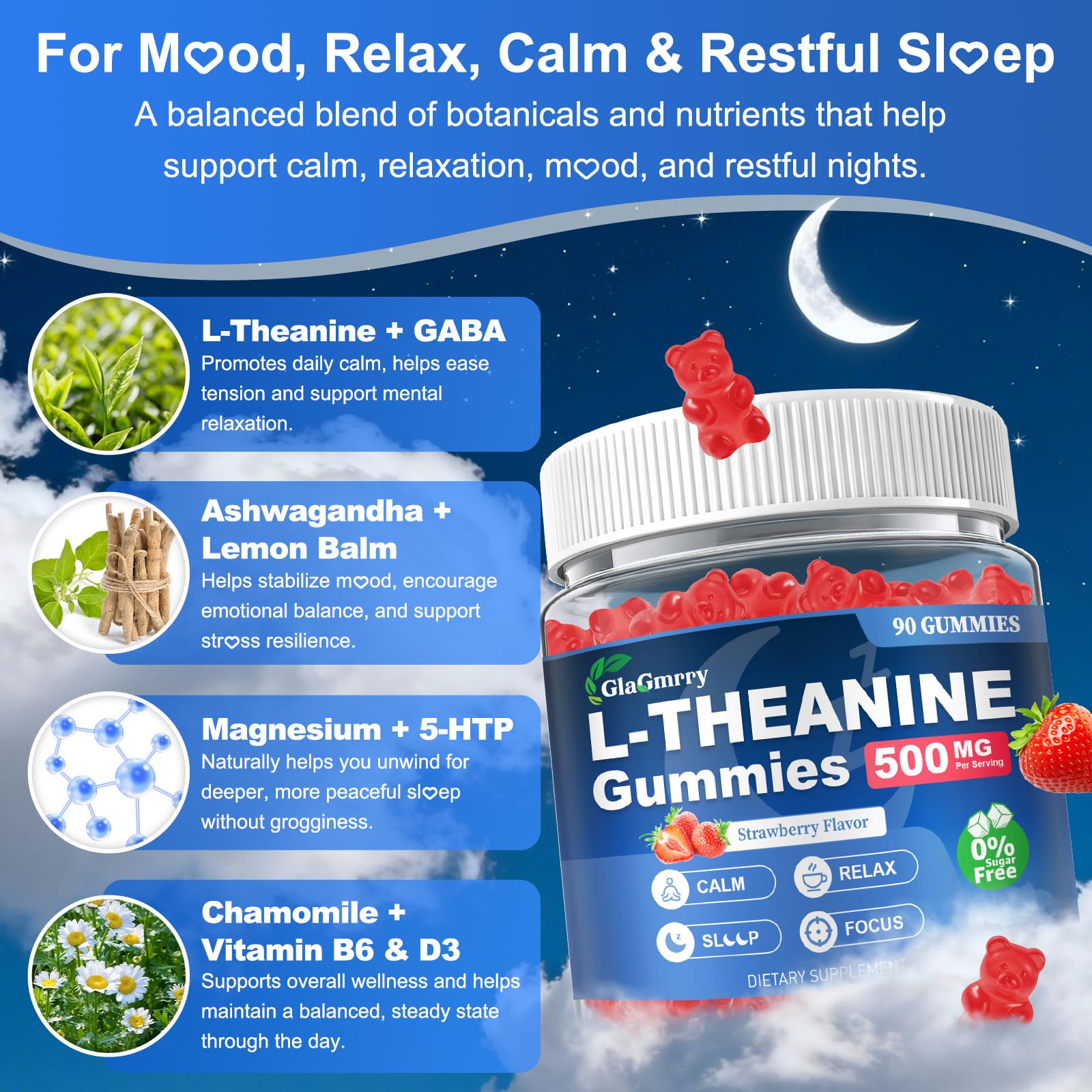 GlaGmrry 90 Count | L Theanine Gummies, L Theanine Supplement for Adults & Kids, w/Ashwagandha, Magnesium, GABA & 5-HTP, Sugar Free Liposomal Formula for Calm Relax zzZ M♡♡d & Focus, Vegan GlaGmrryBuy Supplements Australia