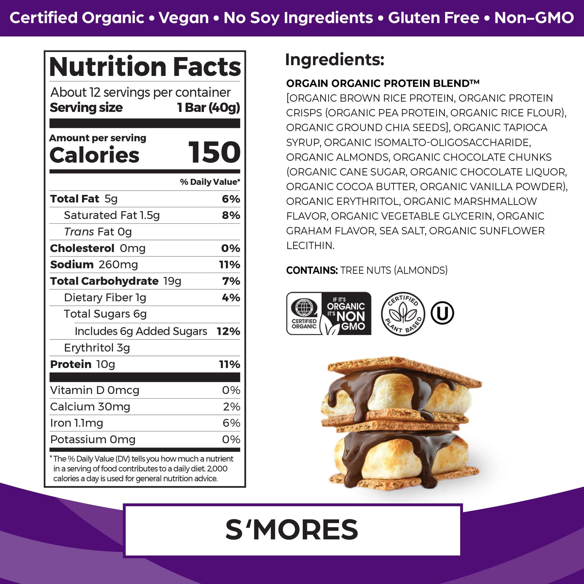 Orgain Organic Vegan Protein Bars, Smores - 10g Plant Based Protein, Gluten Free Snack OrgainBuy Supplements Australia