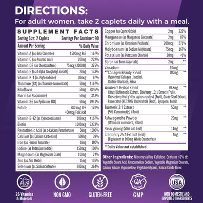 Vitamin World Ultra 360 Multivitamin for Women, Women's Multivitamin with Herbs & Collagen for Hair, Skin & Nails, Supplement with Iron, Vitamin A, B, C, D, E Vitamin World