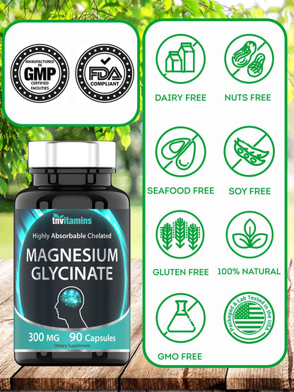 tnvitamins Magnesium Glycinate 300mg, 90 Capsules | High Absorption Chelated Magnesium for Sleep, Calm & Muscle Support