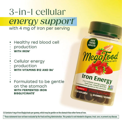 Megafood Iron Energy Gummies, Iron Supplement for Women, Men, Teens & Kids with Vitamin B12 & B6, Vitamins MegaFoodBuy Supplements Australia