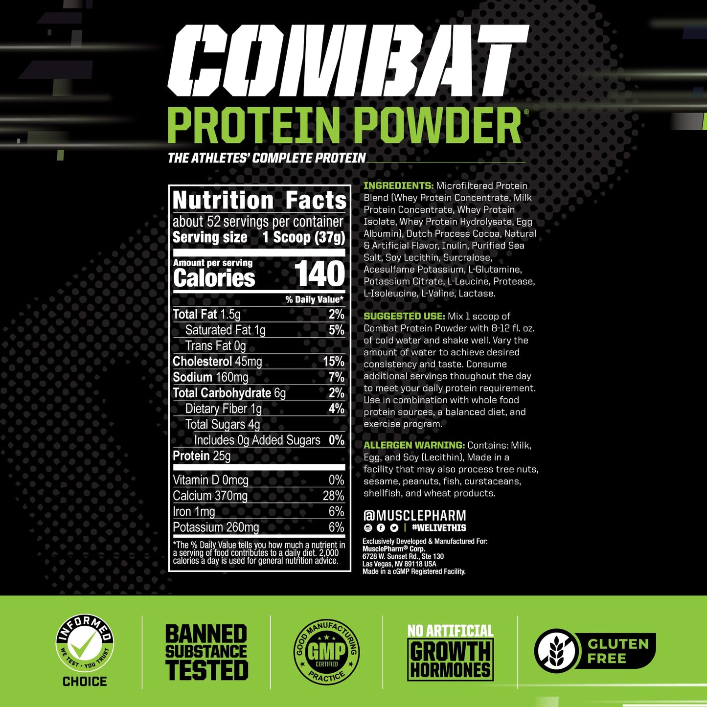 MusclePharm Combat Protein Powder, Chocolate Milk - 4 lb - Gluten Free - 52 Servings Muscle PharmBuy Supplements Australia
